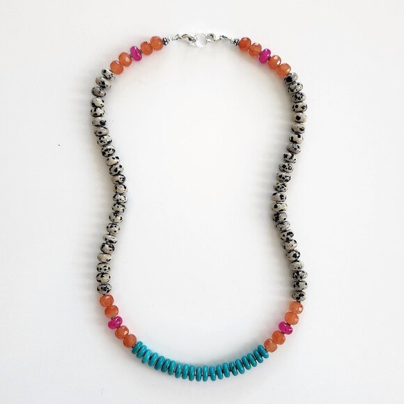 DALMATION JASPER & ORANGE JADE NECKLACE--20" - Picture 2 of 4